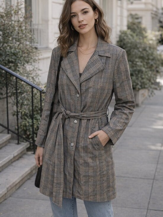 Pilcro Jackets & Blazers - PILCRO Plaid Belted Women’s Trench Jacket - Gray/Taupe